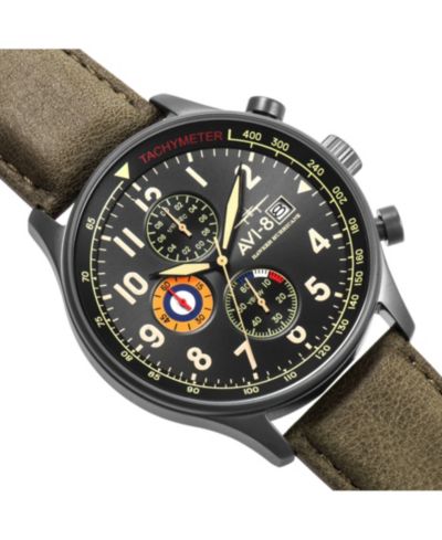 AVI-8 Men's Hawker Hurricane Chronograph Army Green Genuine Leather Strap Watch 42mm