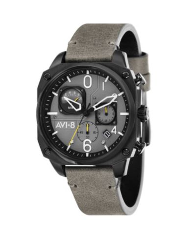 Мужские часы AVI-8 Hawker Hunter Chronograph Retrograde Edition Gray Genuine Leather Strap 45mm