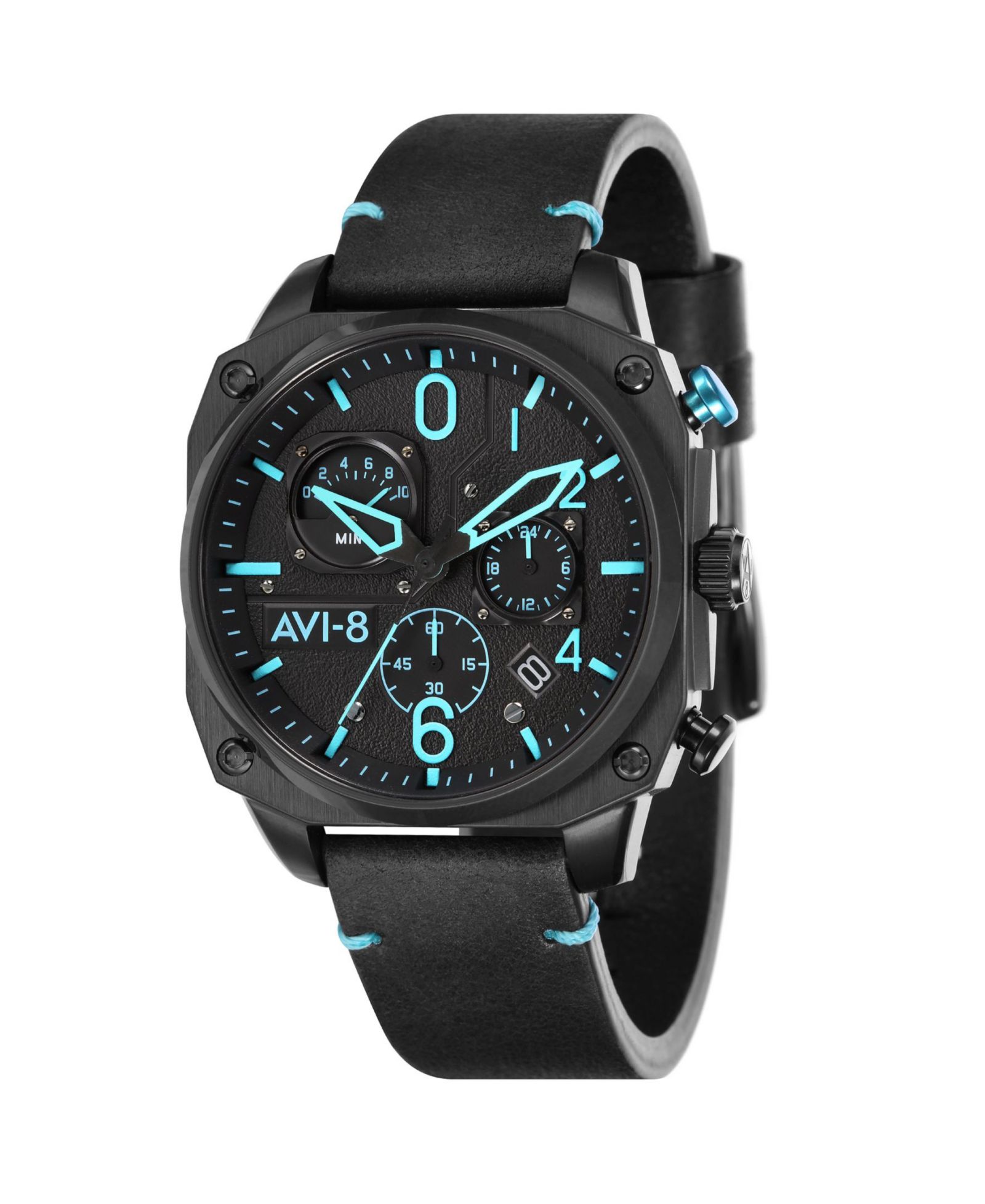 AVI-8 Men's Hawker Hunter Chronograph Retrograde Edition Black Genuine Leather Strap Watch 45mm