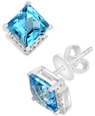 LALI Jewels Swiss Blue Topaz (4-7/8 ct. t.w.) & Diamond (1/20 ct. t.w.) Square Stud Earrings in 14k White Gold