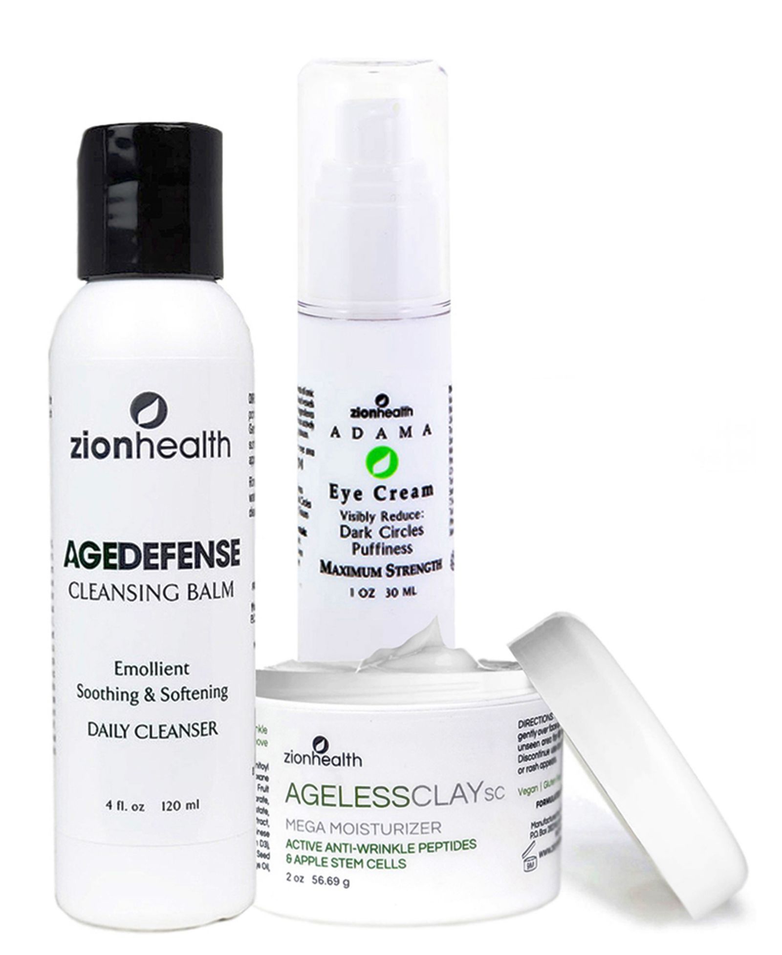 Набор Zion Health Going Away Bundle Kit, очищающий бальзам Age Defense 4 oz + крем для век 1 oz + глина Ageless Clay SC 2 oz
