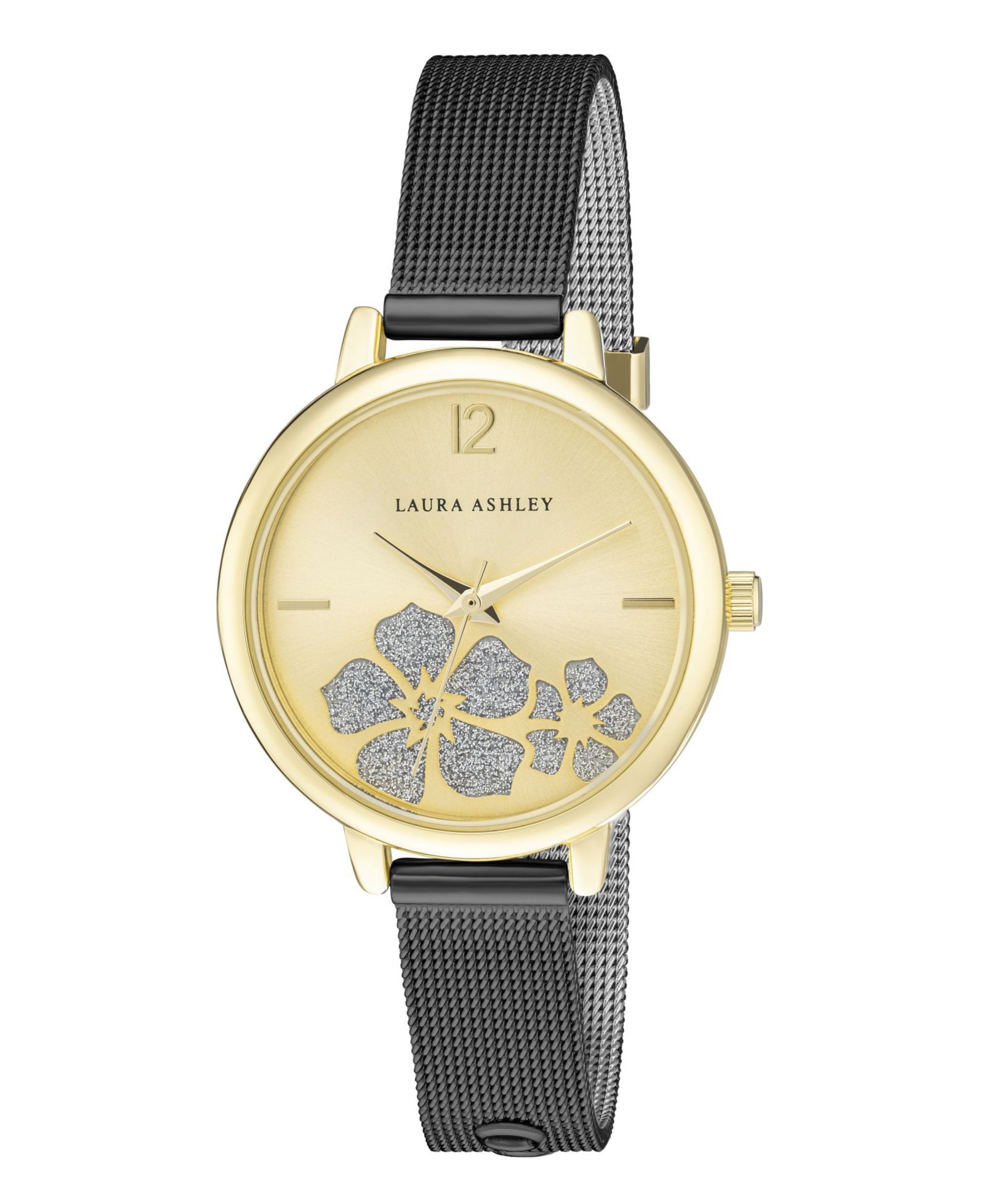 Laura Ashley Women's Sunray Floral Stone Dial Black Alloy Bracelet Watch 34mm
