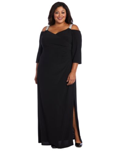 R & M Richards Plus Size Embellished Cold-Shoulder Gown