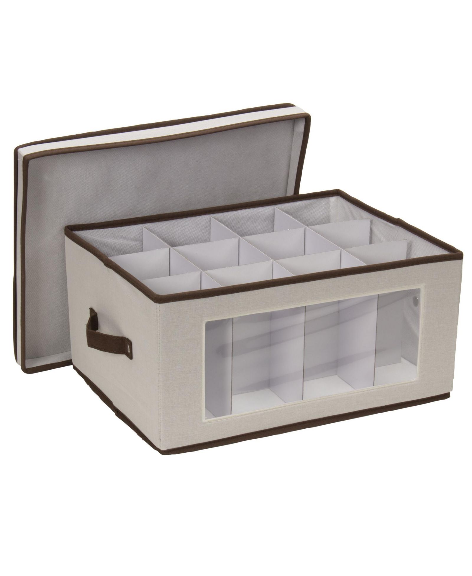 Household Essentials Wine Glass Storage Box, Windowed Panel and Handles, Cream