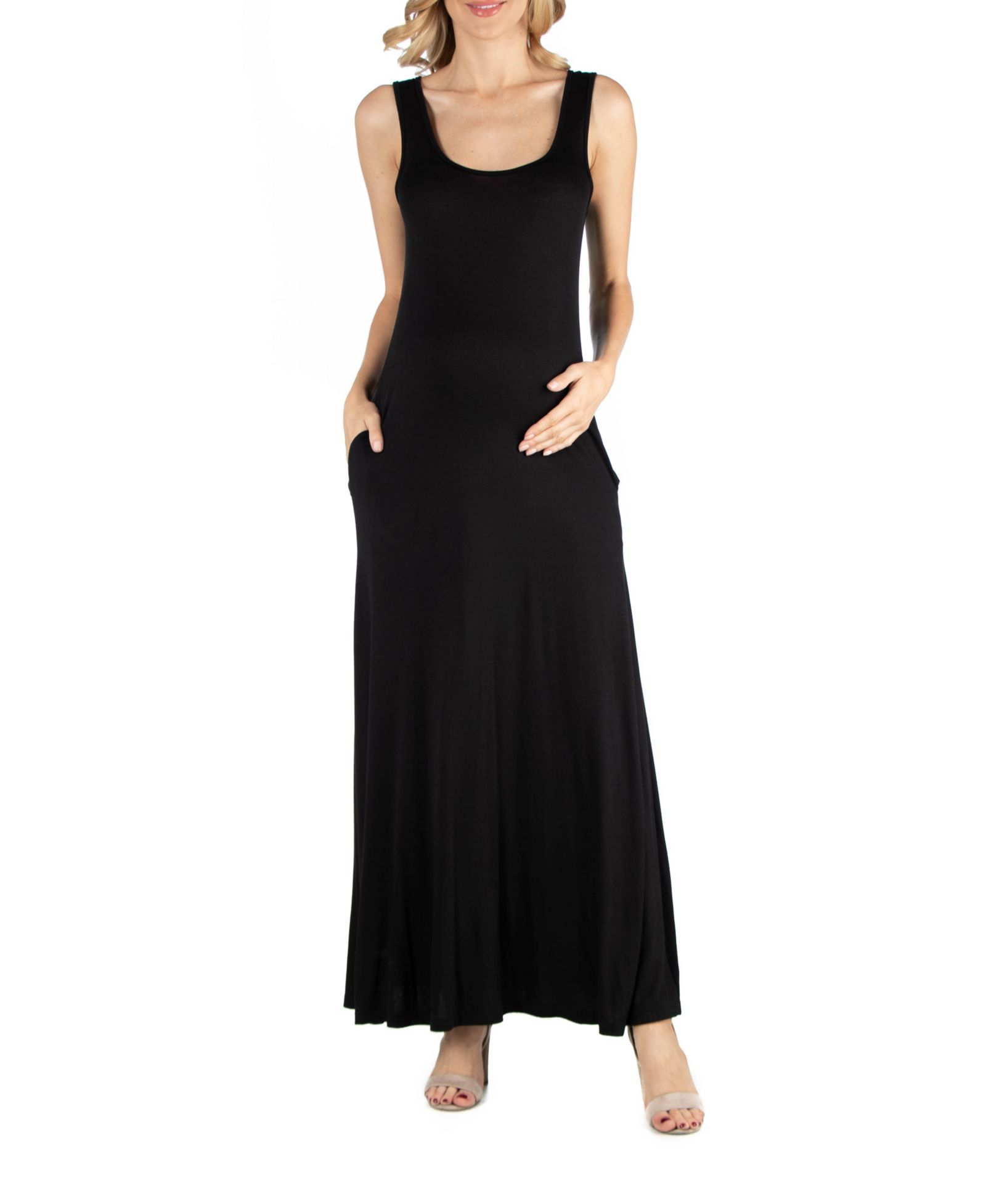 24seven Comfort Apparel Scoop Neck Sleeveless Maternity Maxi Dress with Pockets