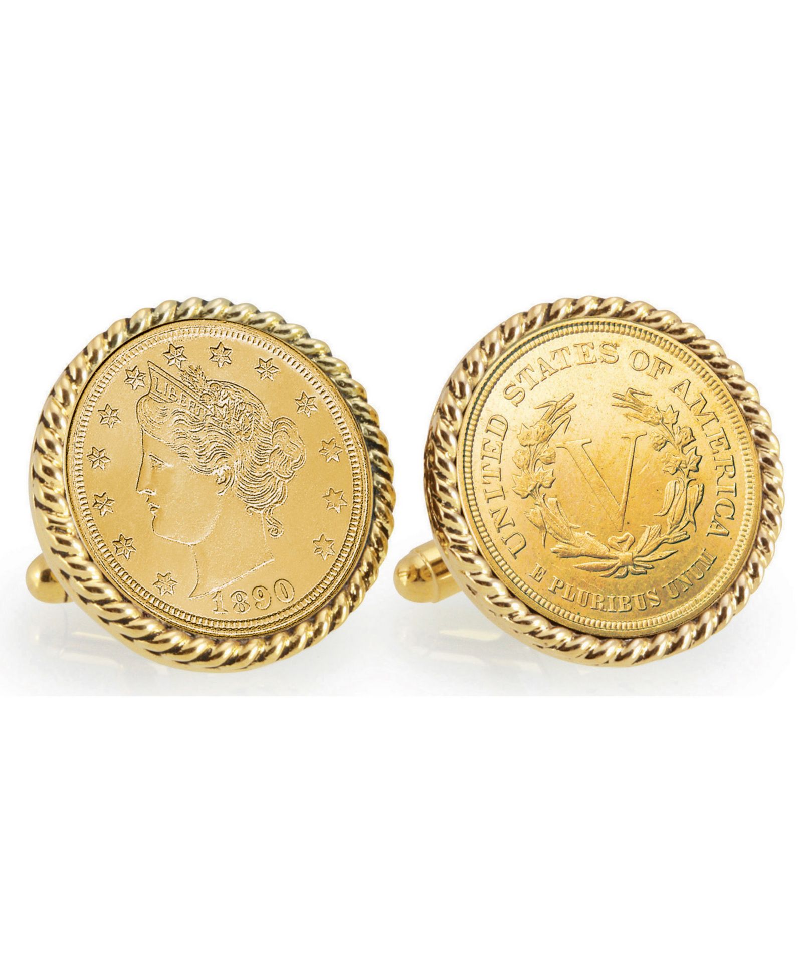 American Coin Treasures Gold-Layered 1800's Liberty Nickel Rope Bezel Coin Cuff Links