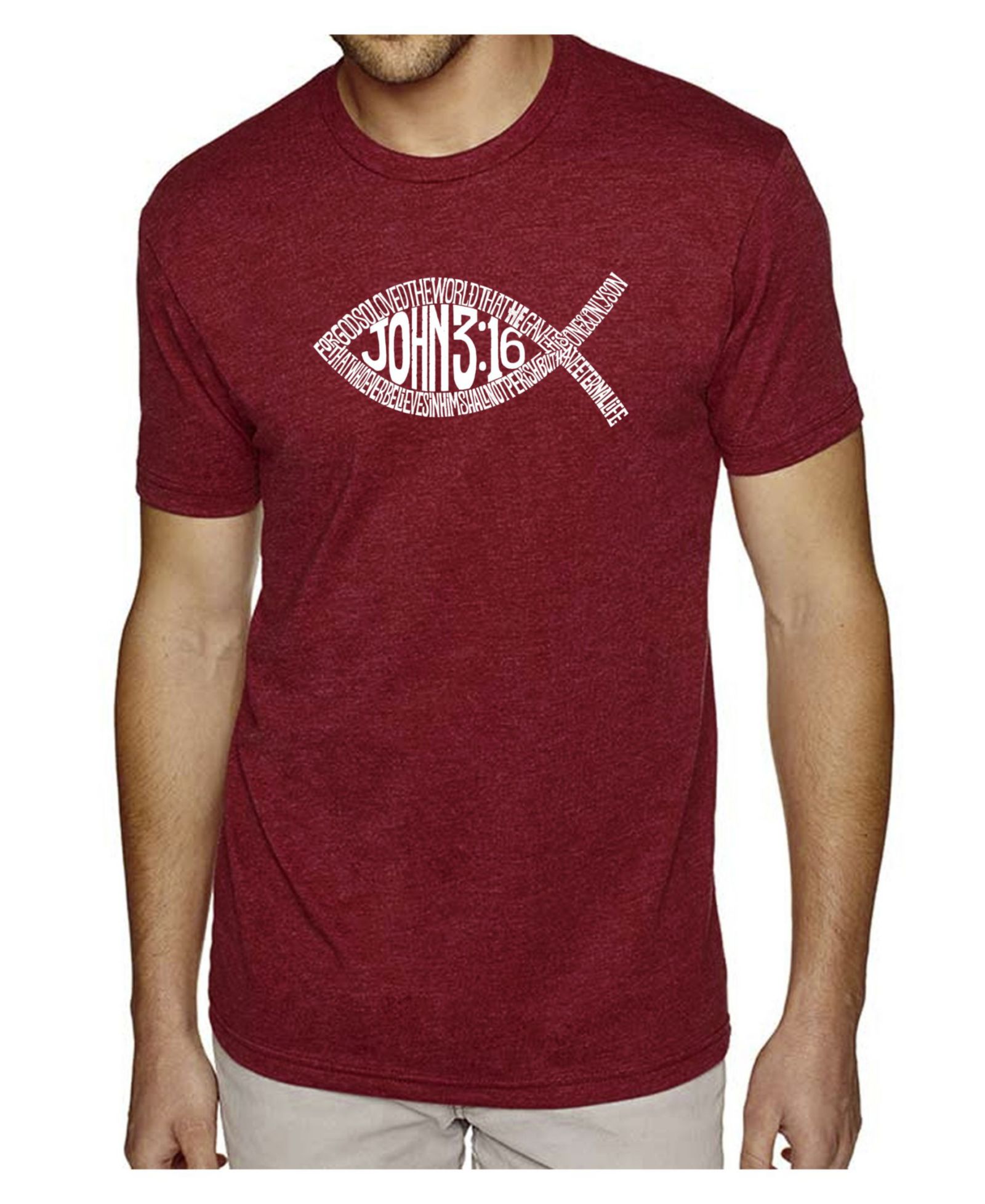 LA Pop Art Men's Cotton/Poly Blend Word Art T-Shirt - John 3:16 Fish Symbol