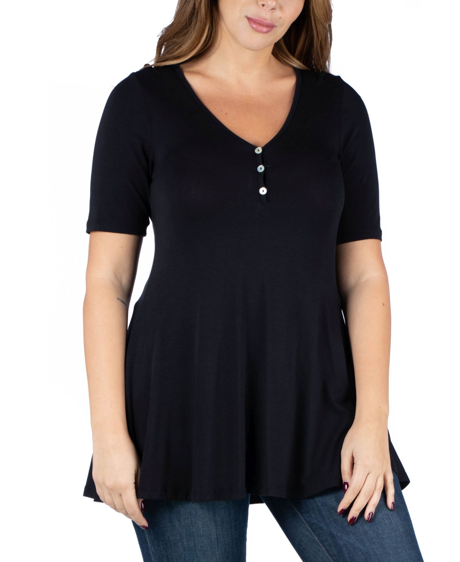 24seven Comfort Apparel Plus Size Elbow Sleeve Henley Tunic Top