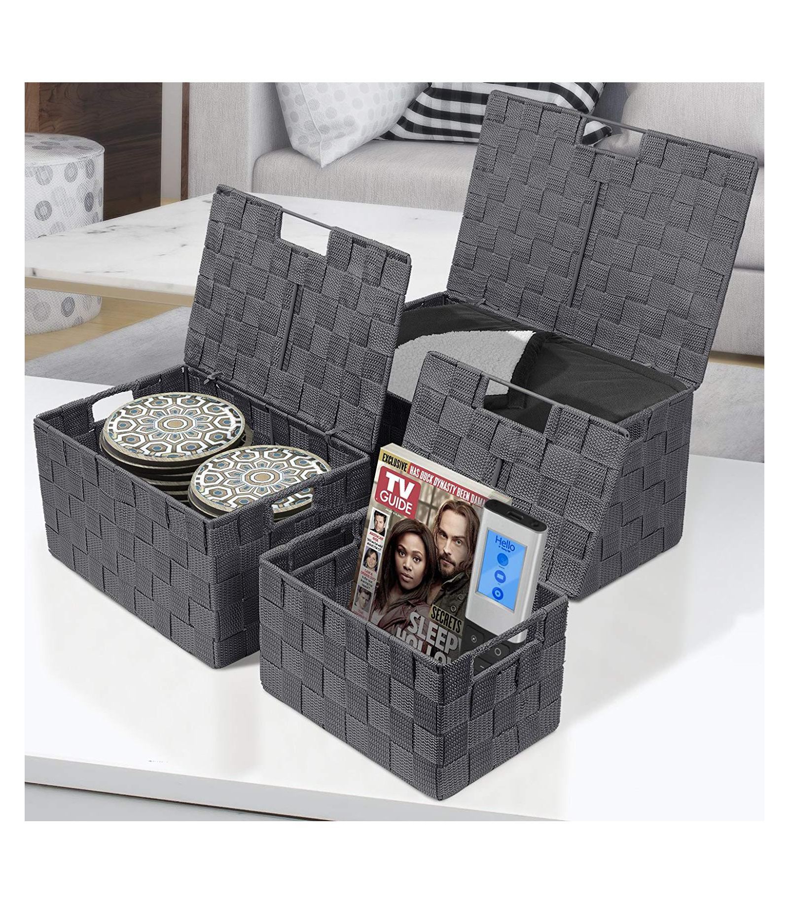 Декоративная плетёная корзина SORBUS 3 Piece Stackable Woven с крышкой и ручками