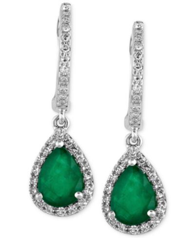 Серьги-подвески EFFY® Emerald and Diamond Drop in 14k White Gold