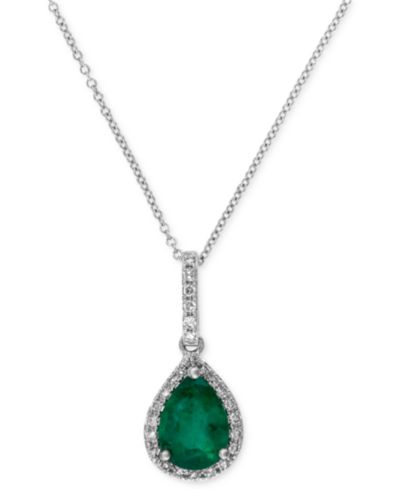 EFFY® Emerald (9/10 ct. t.w.) and Diamond (1/8 ct. t.w.) Drop Pendant in 14k White Gold, Created for Macy's