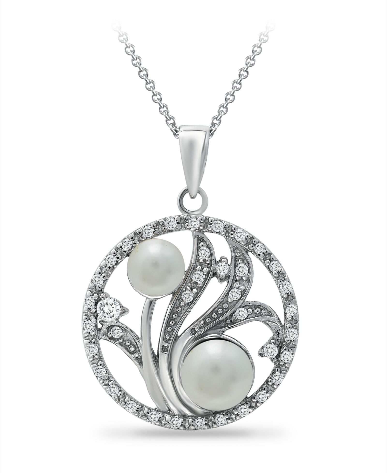 6mm Multi White Imitation Pearls and Cubic Zirconia  Floral Medallion Pendant on 18" Chain, Crafted in Silver Plate