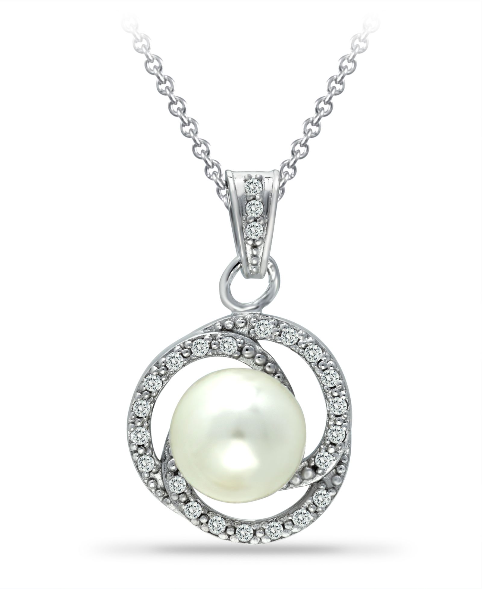Imitation Pearl с Cubic Zirconia Crystal Swirl Halo Pendant в Silver Plate 18"