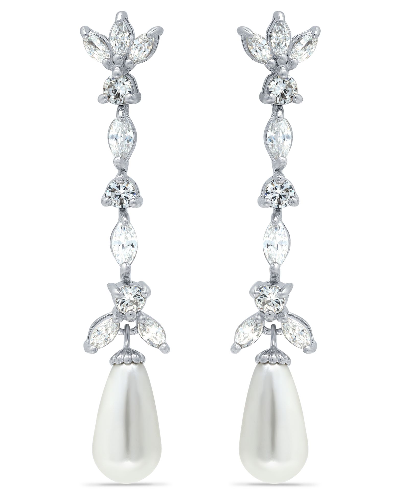 Imitation Pearl Marquise Cubic Zirconia Tear Drop Earrings in Silver Plate