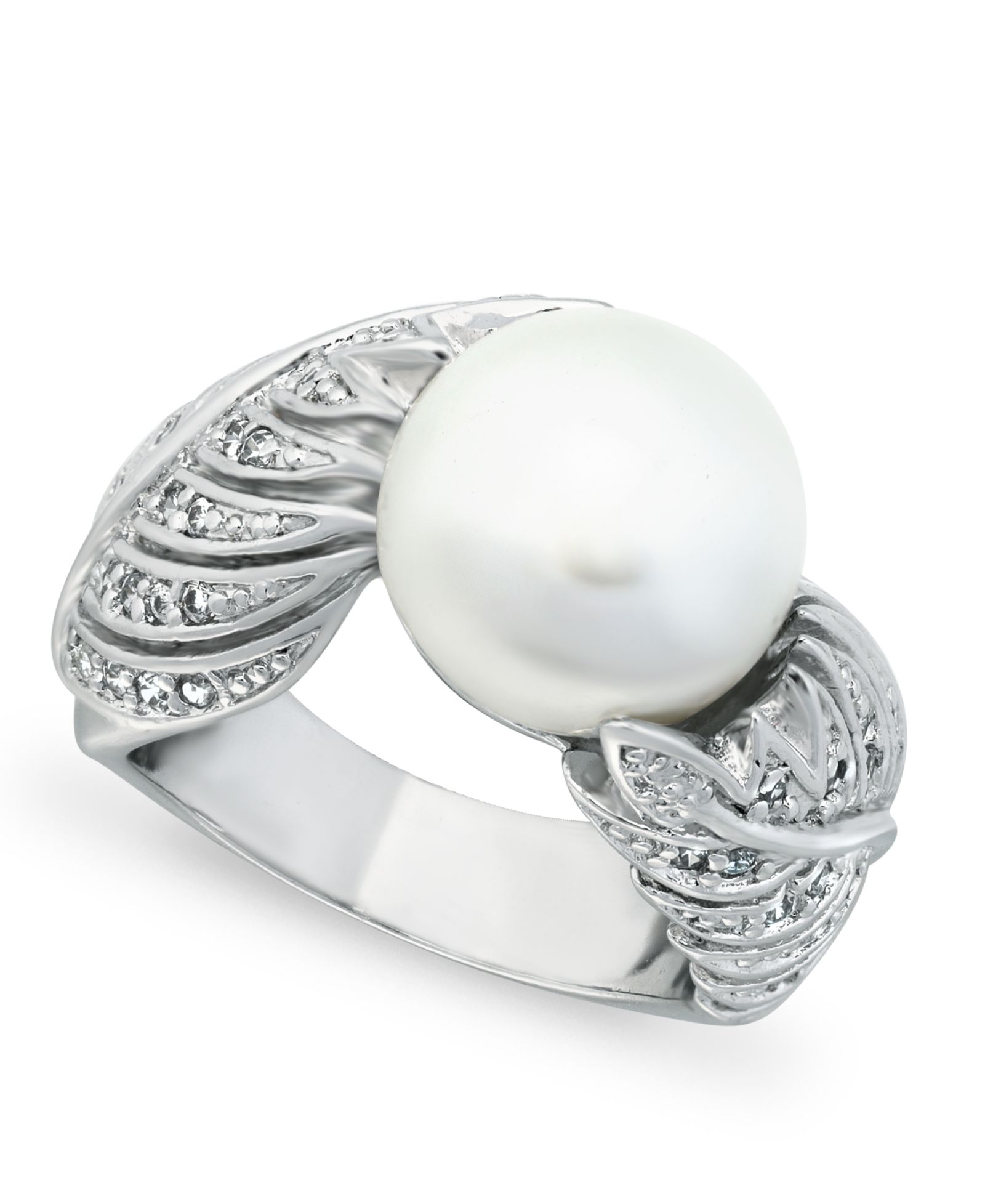 Macy's Imitation Pearl and Multi Row Pave Cubic Zirconia Ring