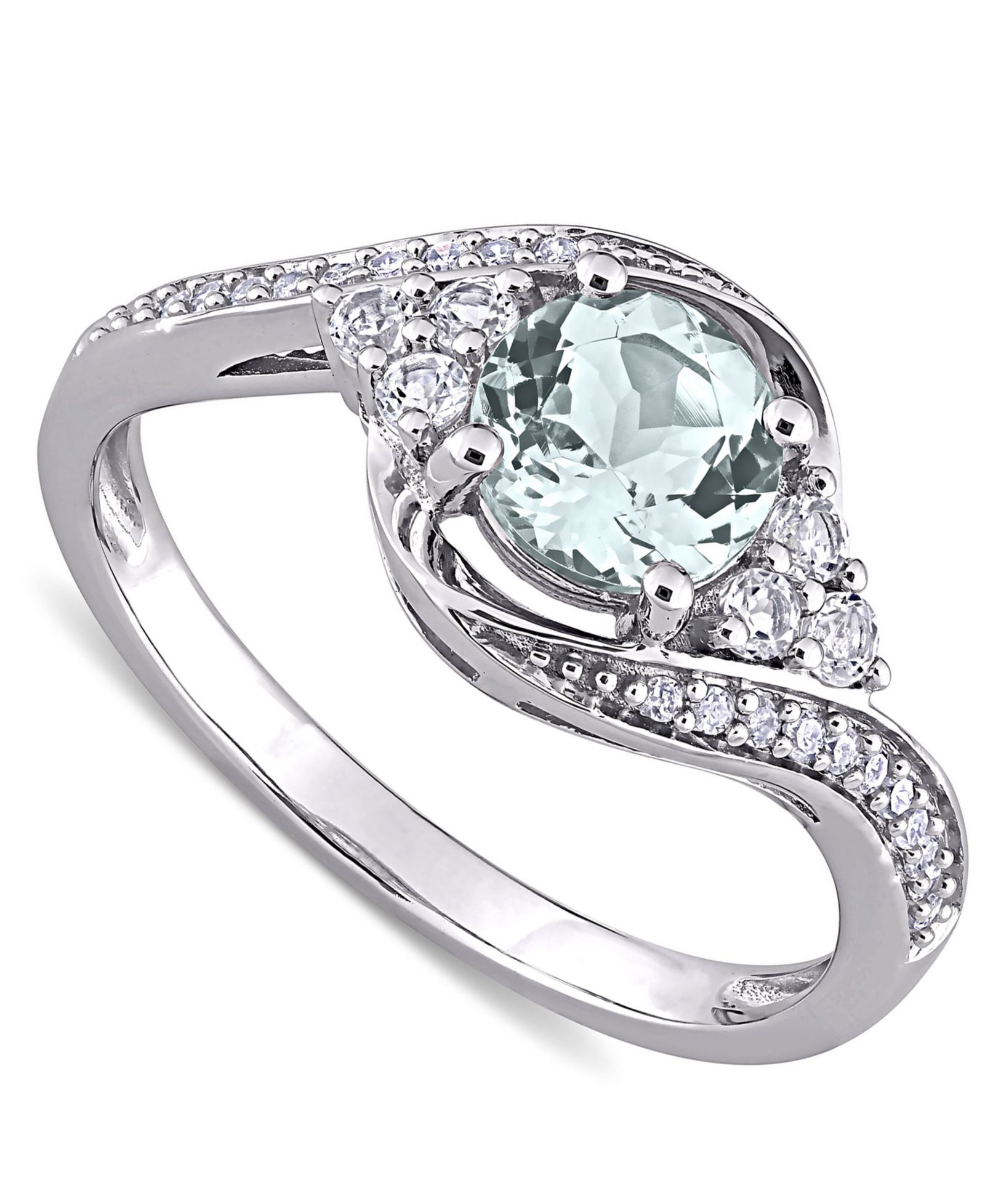 Aquamarine (3/4 ct. t.w.), White Topaz (1/4 ct. t.w.) & Diamond (1/10 ct. t.w.) Swirl Ring in 10k White Gold
