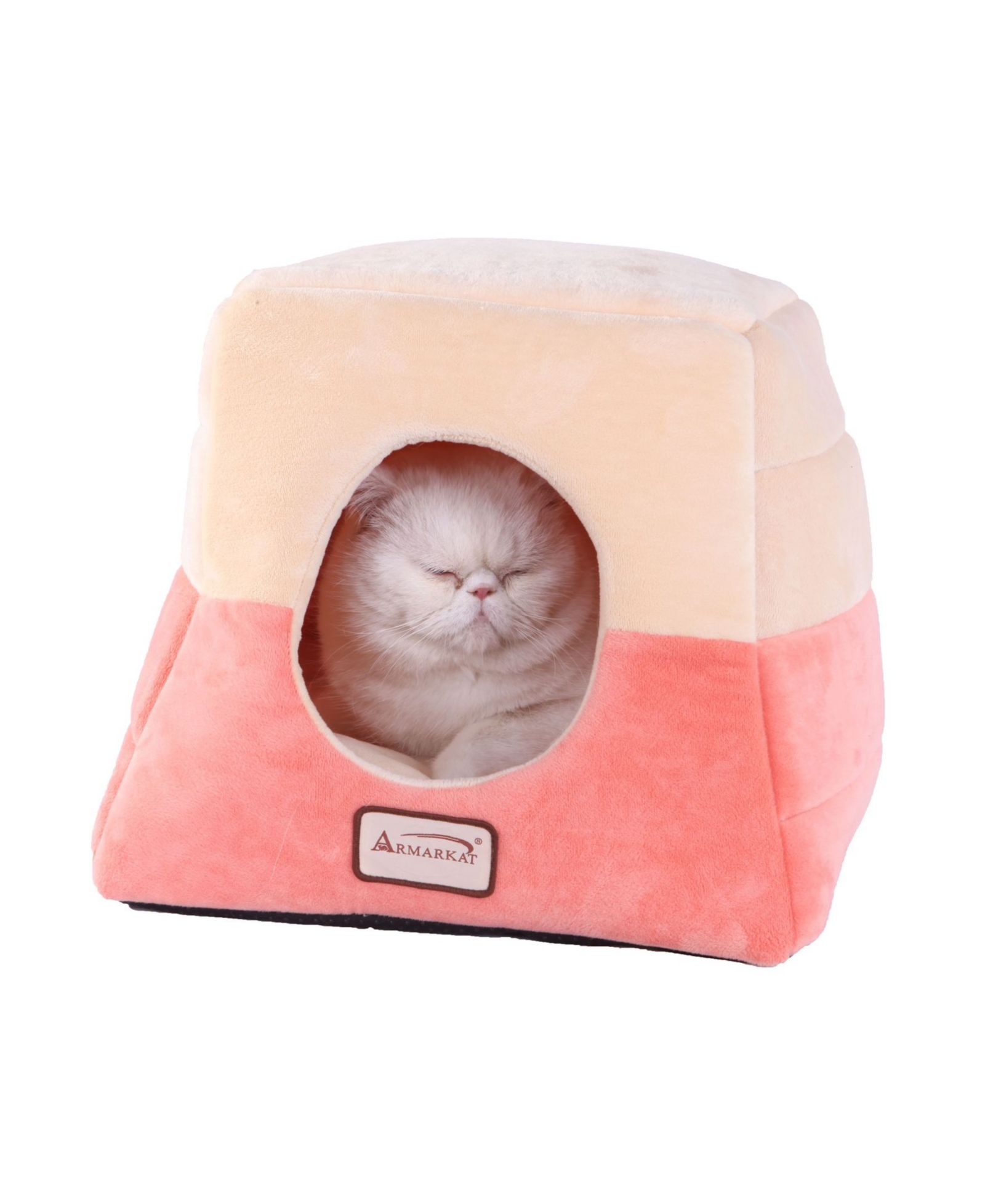 Armarkat 2-In-1 Cat Bed Cave Shape And Cuddle Pet Bed, Orange/Beige - Soft Velvet, Waterproof, Skid-Free Base