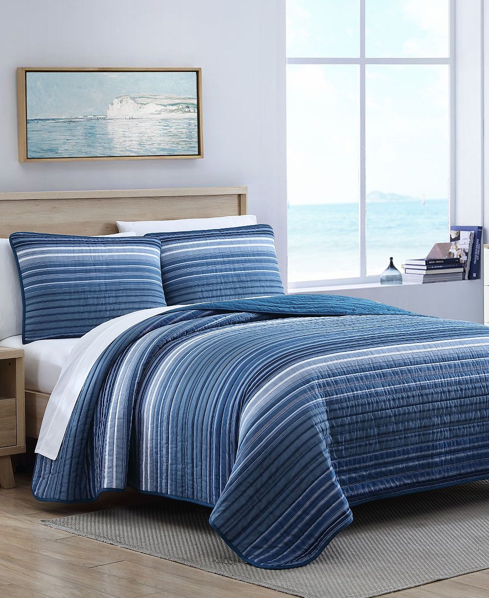 Nautica Coveside Blue Cotton Reversible 2-Piece Quilt Set, Twin
