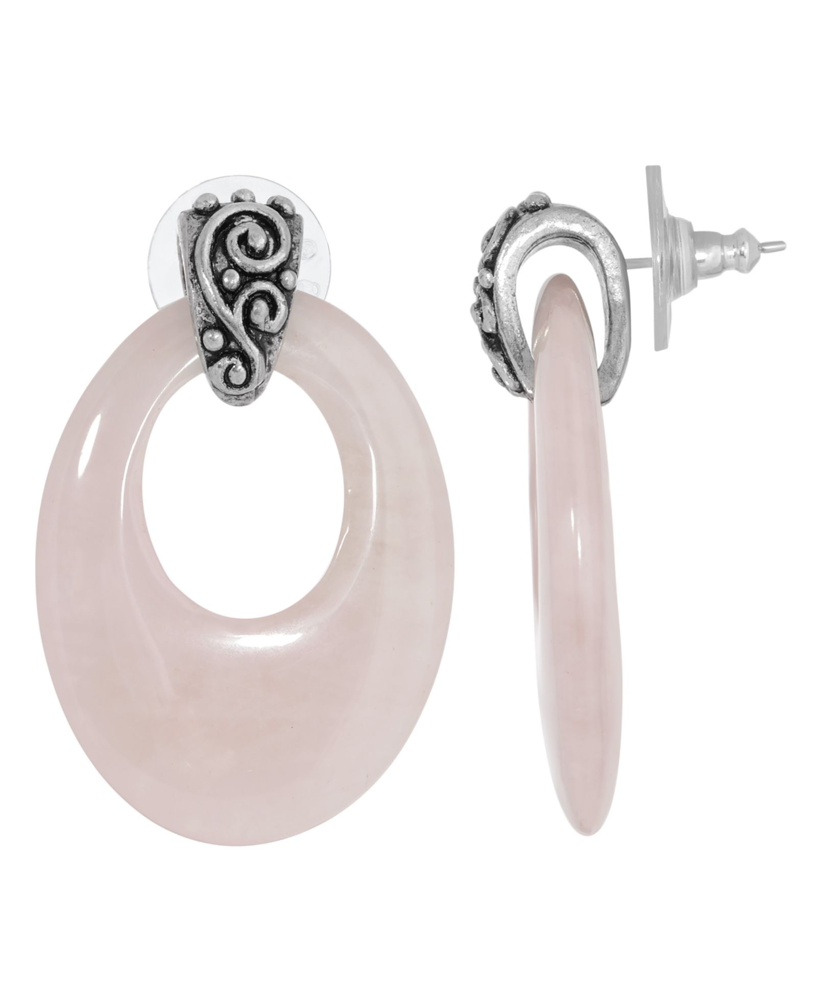 Серьги-кольца с полудрагоценным розовым кварцем овальной формы pewter