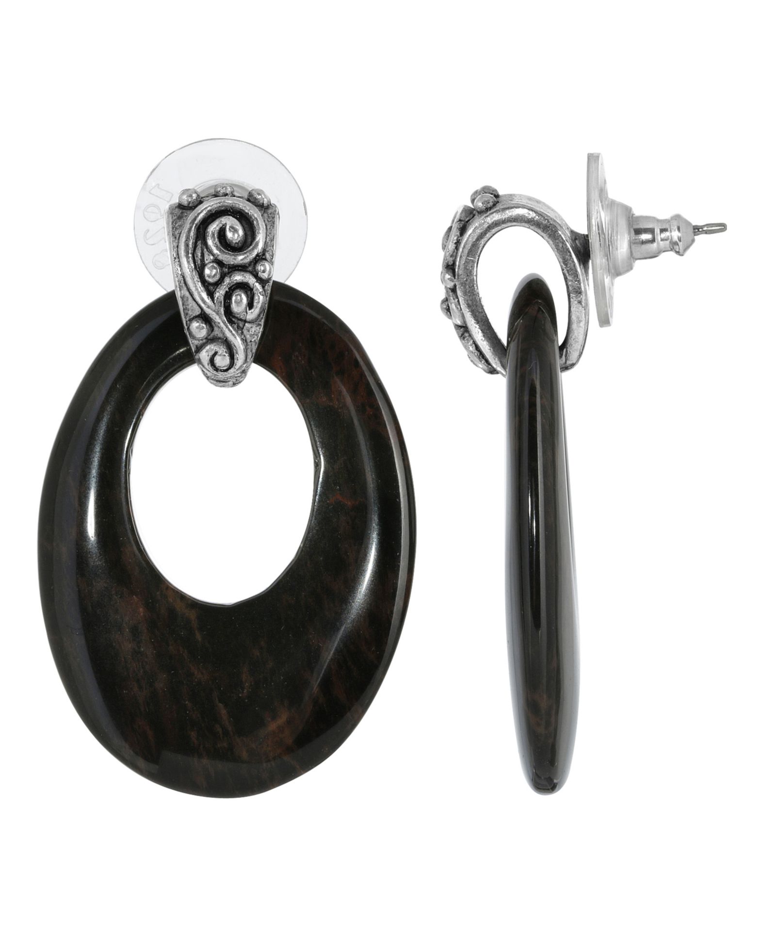 Серьги-кольца 2028 Pewter Semi Precious Oval Obsidian