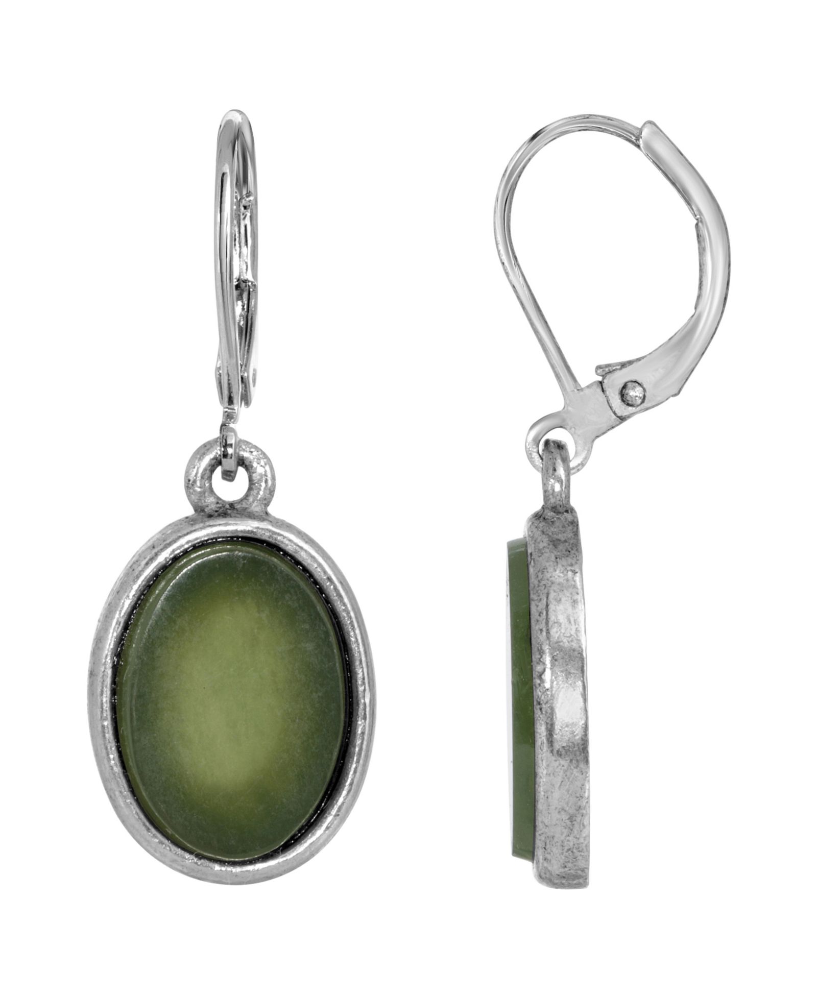2028 Silver-Tone Semi Precious Jade Oval Flat Drop Earrings