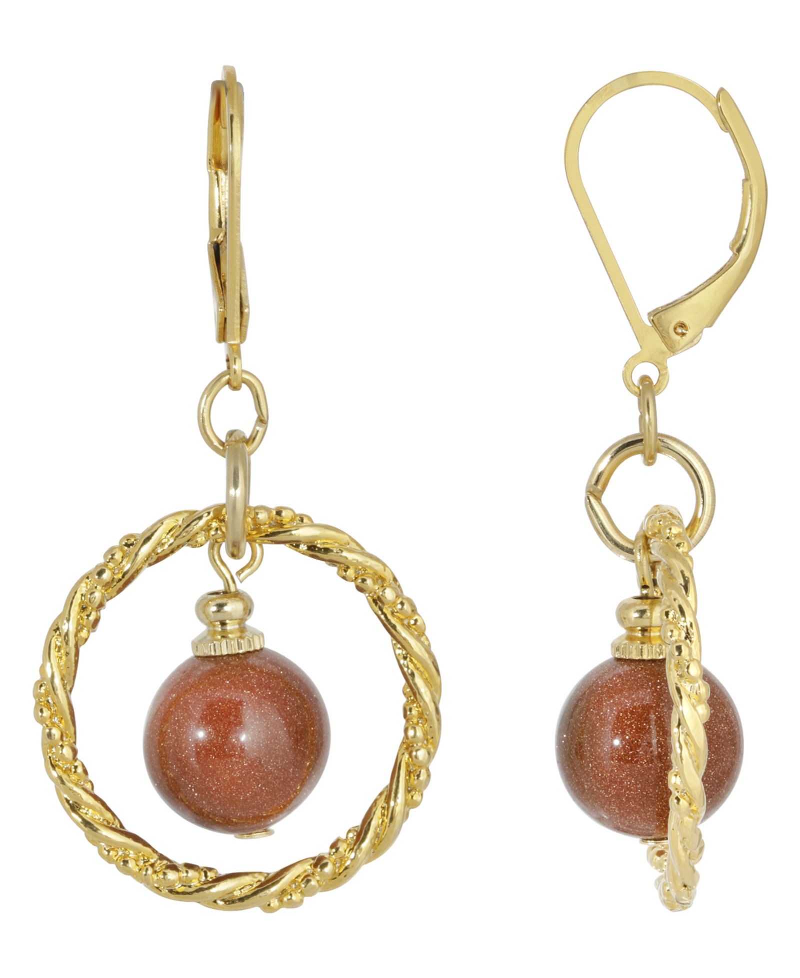 2028 серьги-кольца Gold-Tone Genuine Stone Sandstone Round Stone
