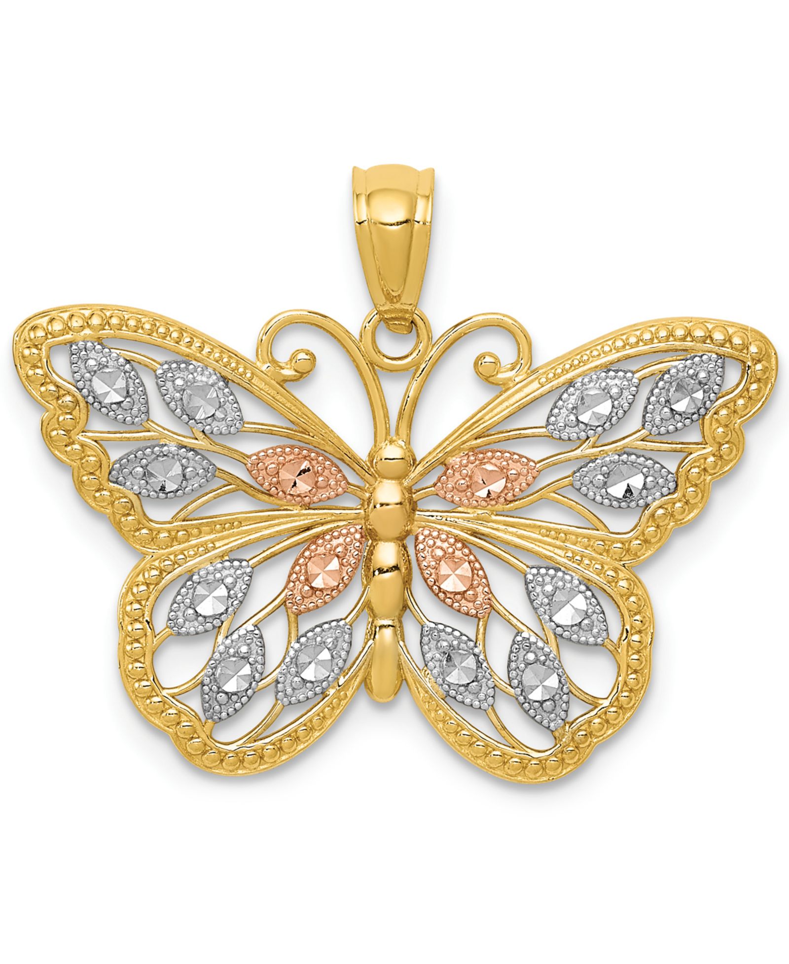 Butterfly Diamond-cut Charm in 14K Yellow Gold with White and Rose Rhodium