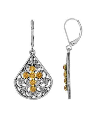 2028 Pewter Fan Red Crystal Cross Earrings