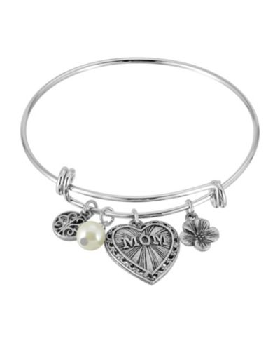 2028 Pewter MOM Heart Flower Imitation Pearl Charm Bracelet