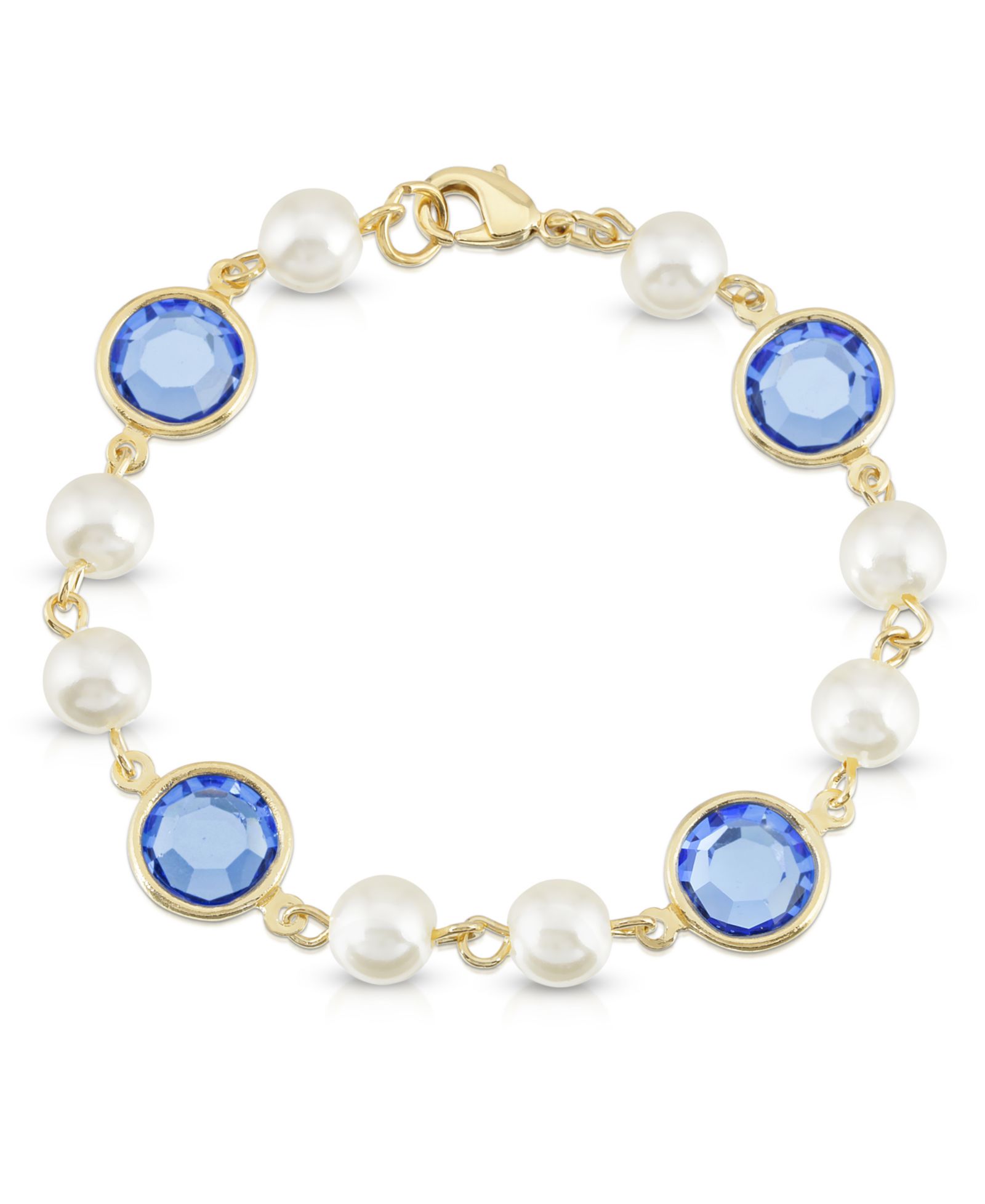 2028 Gold-Tone Imitation Pearl with Blue Channels Link Bracelet