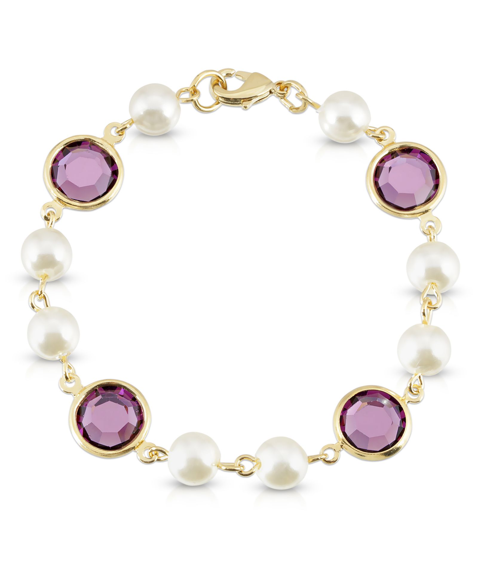2028 Gold-Tone Imitation Pearl with Purple Channels Link Bracelet