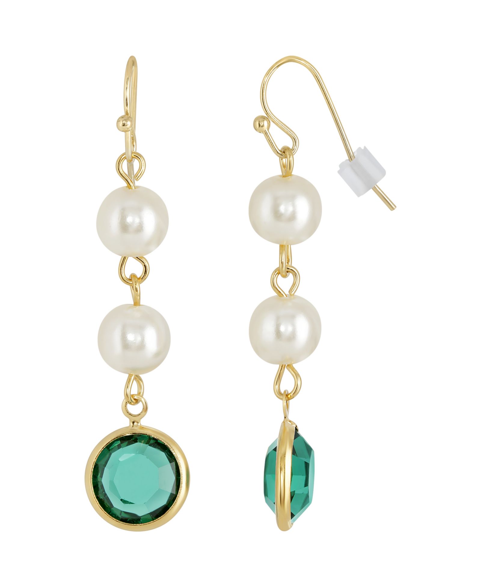 Серьги-подвески 2028 Gold-Tone Imitation Pearl с темно-зелеными вставками