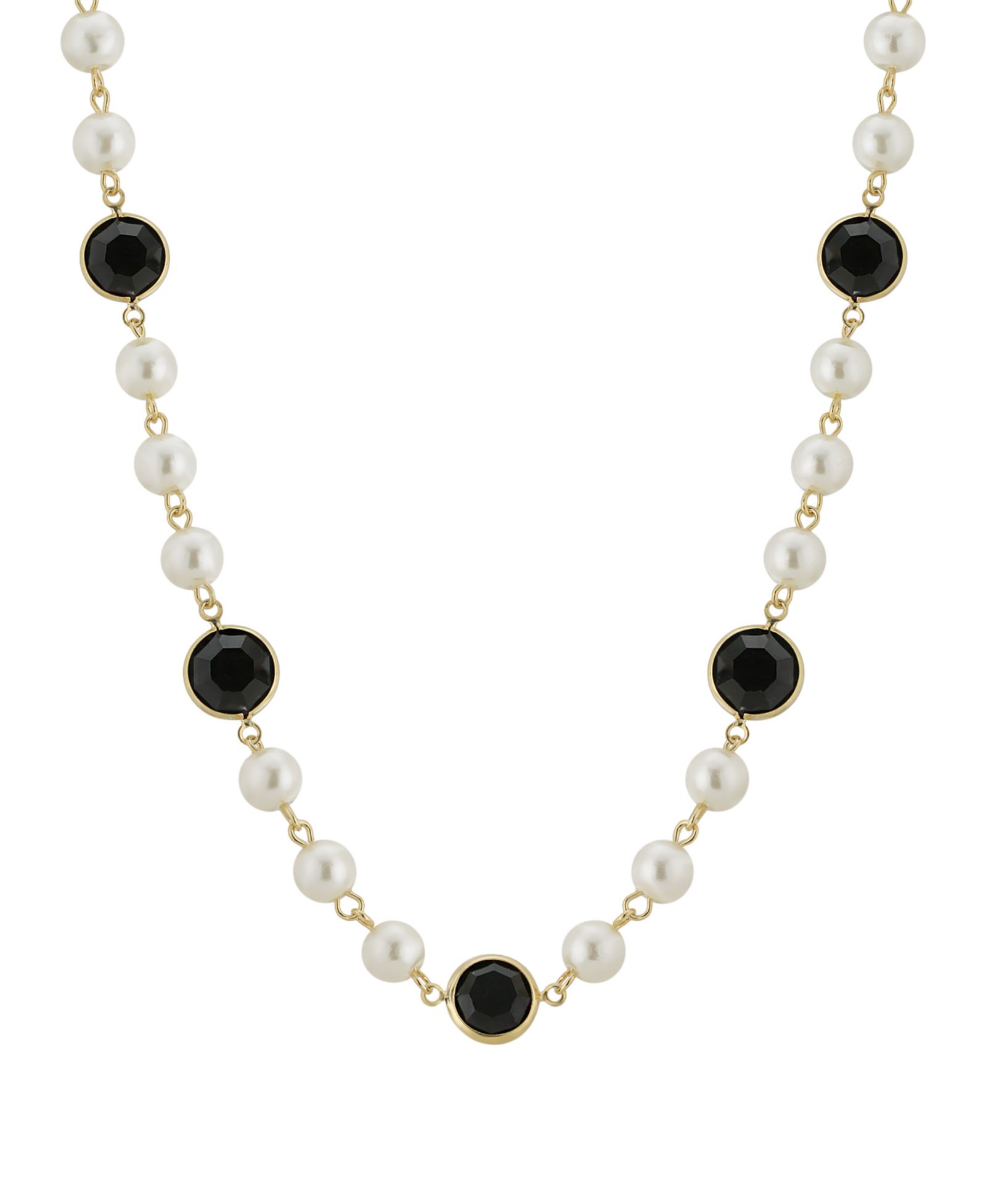 2028 Gold-Tone Imitation Pearl with Black Channels 16" Adjustable Necklace