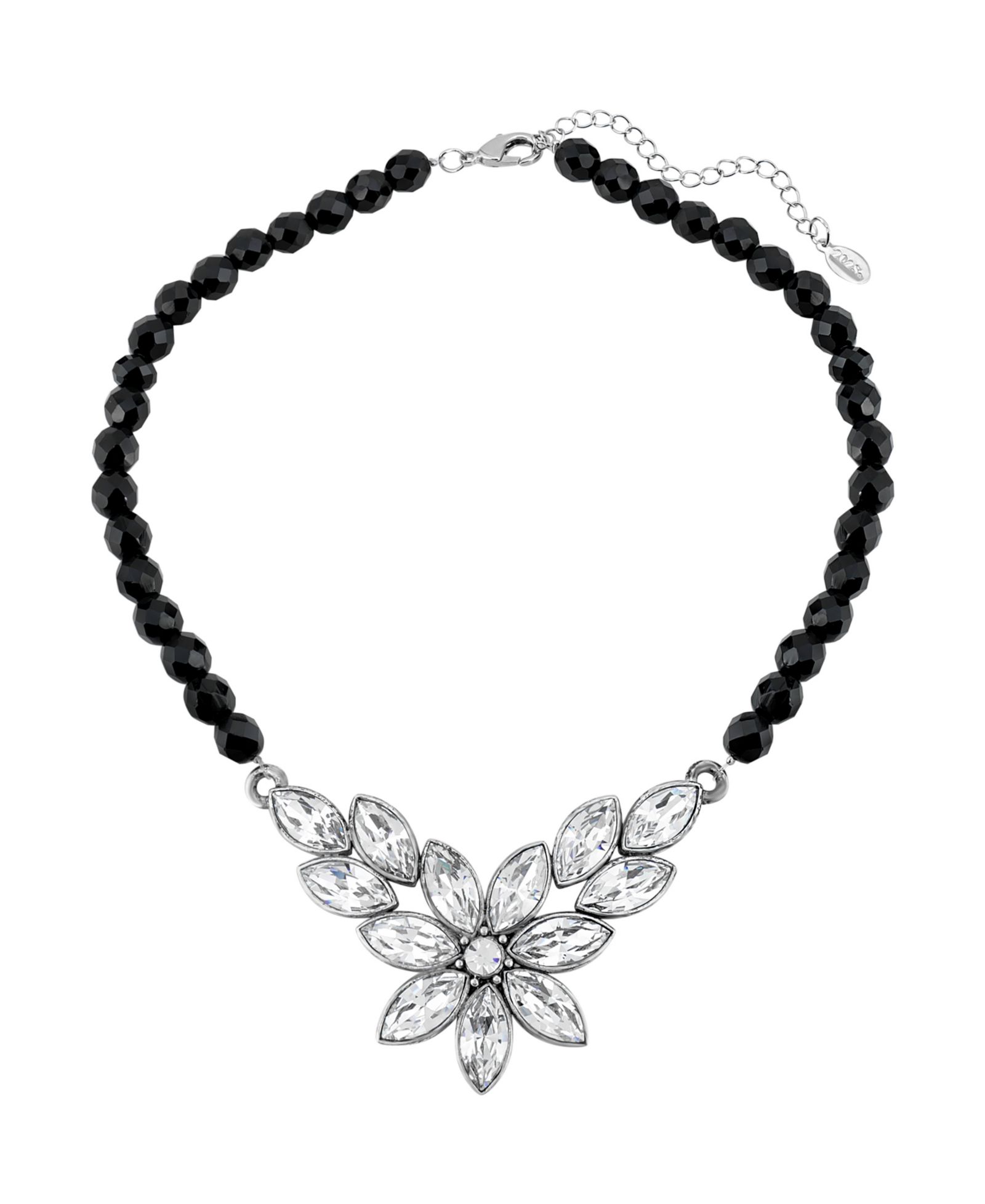 Ожерелье 2028 Silver-Tone Diamond Shaped Crystal Flower Black Beaded, 15" Adjustable
