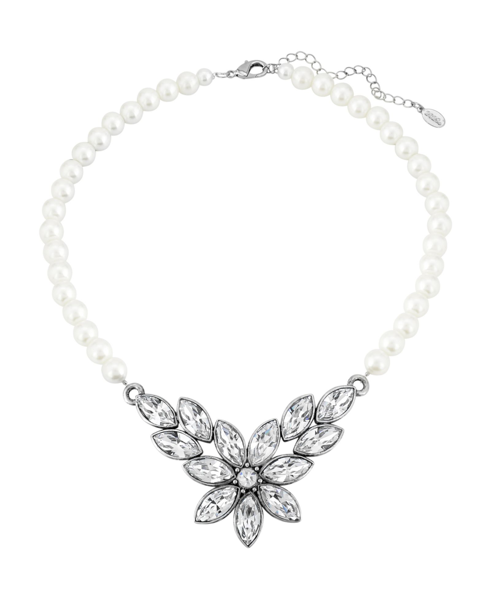 Ожерелье 2028 Silver-Tone Diamond Shaped Crystal Flower 15" Adjustable Imitation Pearl