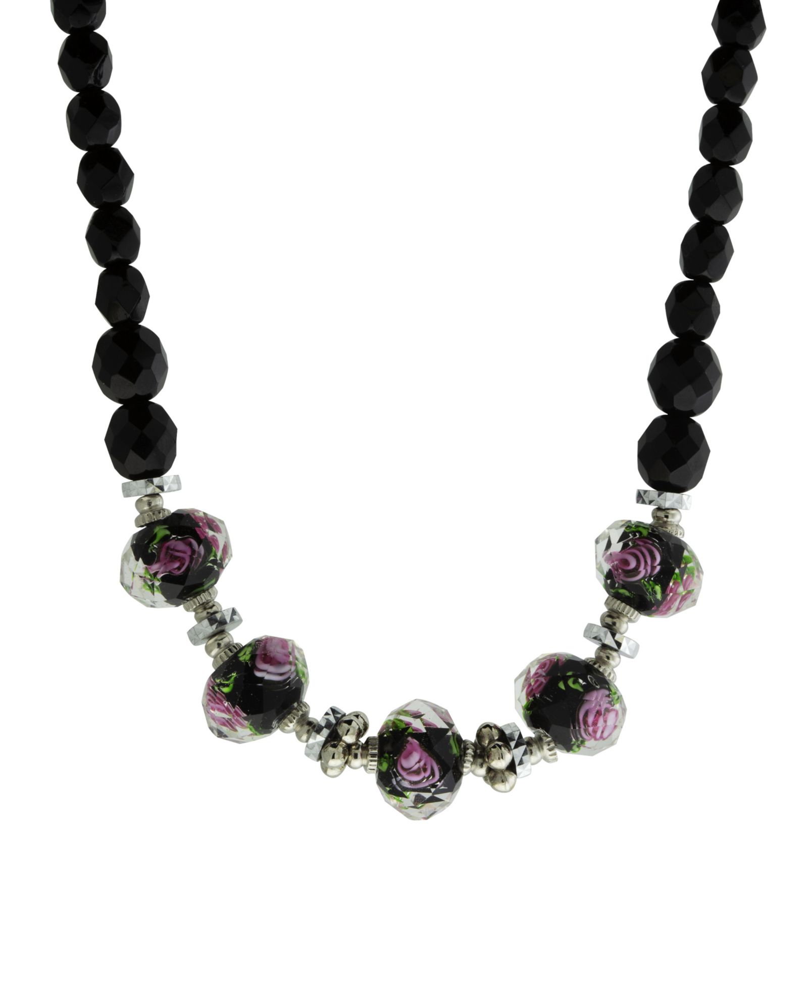 Ожерелье 2028 Silver-Tone Black Floral Beaded 15" Adjustable