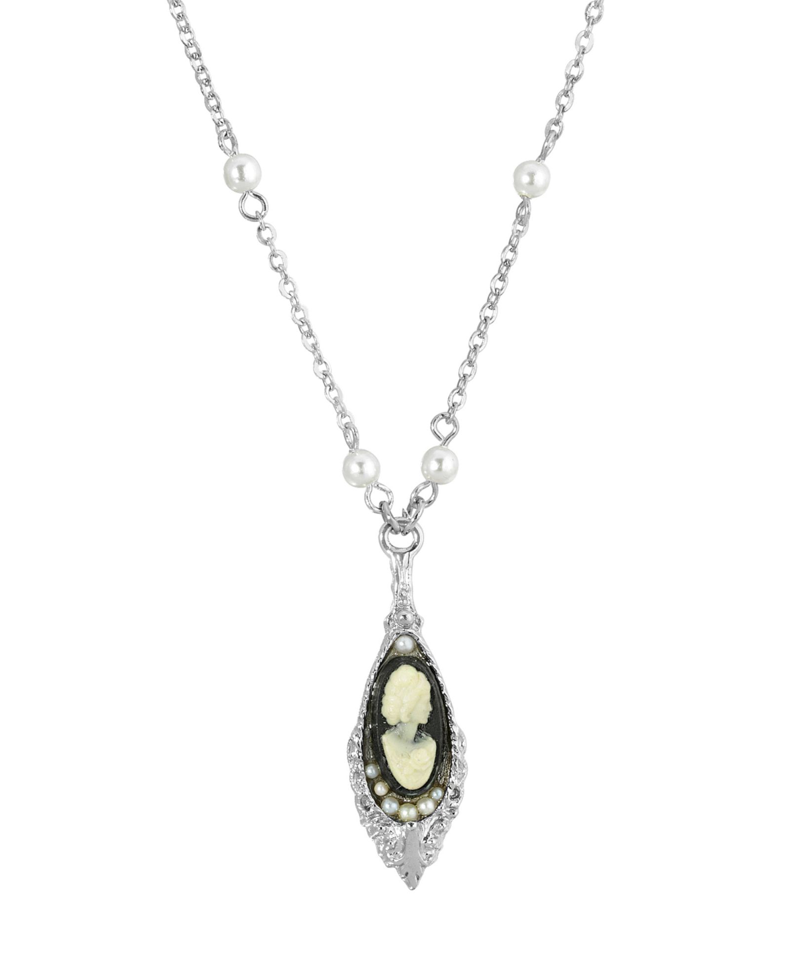 Ожерелье 2028 Silver-Tone Black and White Cameo 16" Adjustable