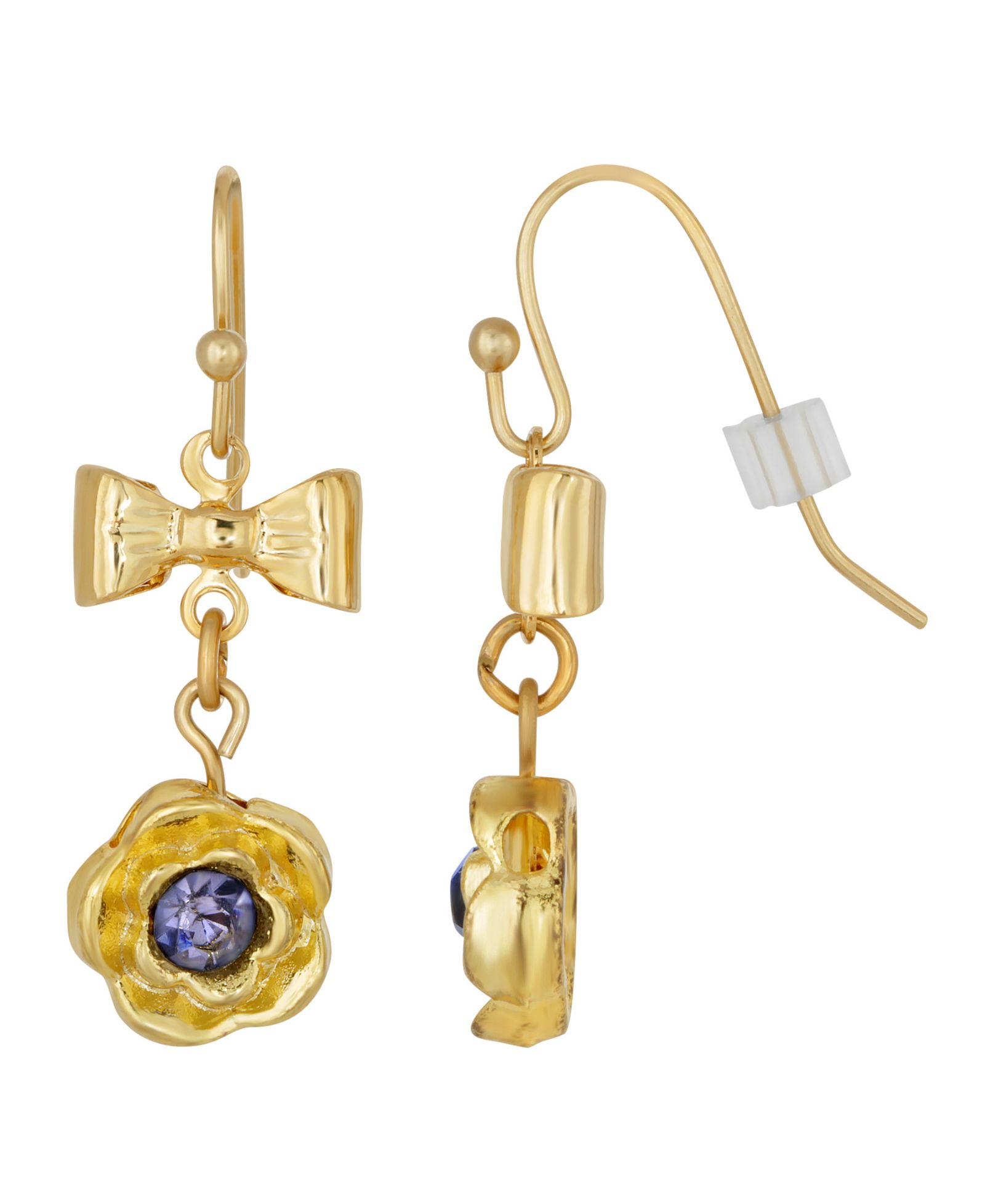 2028 Gold-Tone Purple Flower Bow Drop Earrings