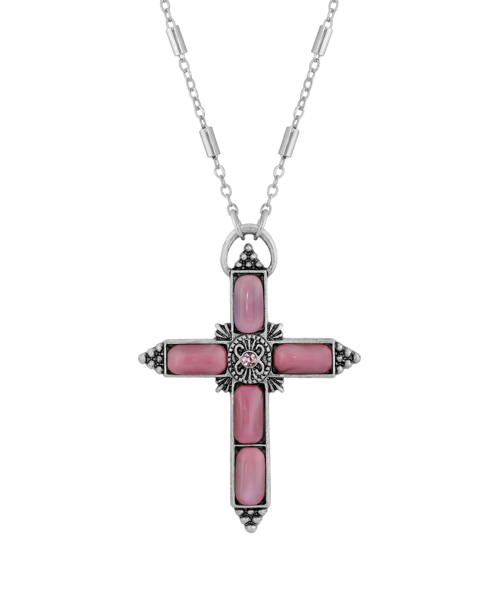 Symbols of Faith Silver-Tone Pink Moonstone Pink Crystal Cross 20" Necklace