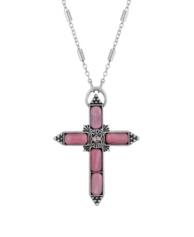Ожерелье Symbols of Faith Silver-Tone Pink Moonstone Pink Crystal Cross 20"
