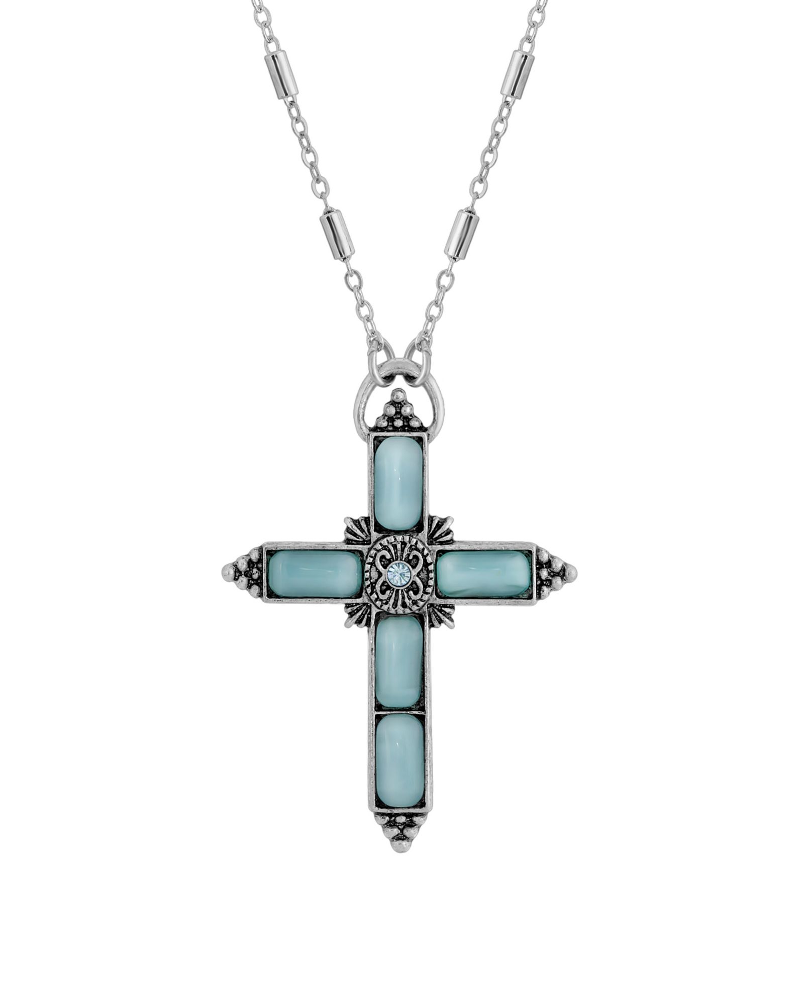 Ожерелье 2028 Silver-Tone Aqua Moonstone Aqua Crystal Cross 20"
