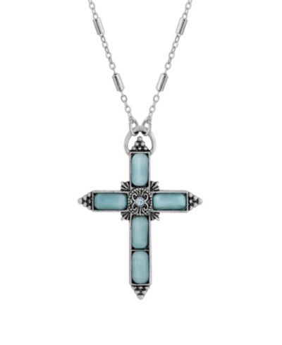 Ожерелье 2028 Silver-Tone Aqua Moonstone Aqua Crystal Cross 20"