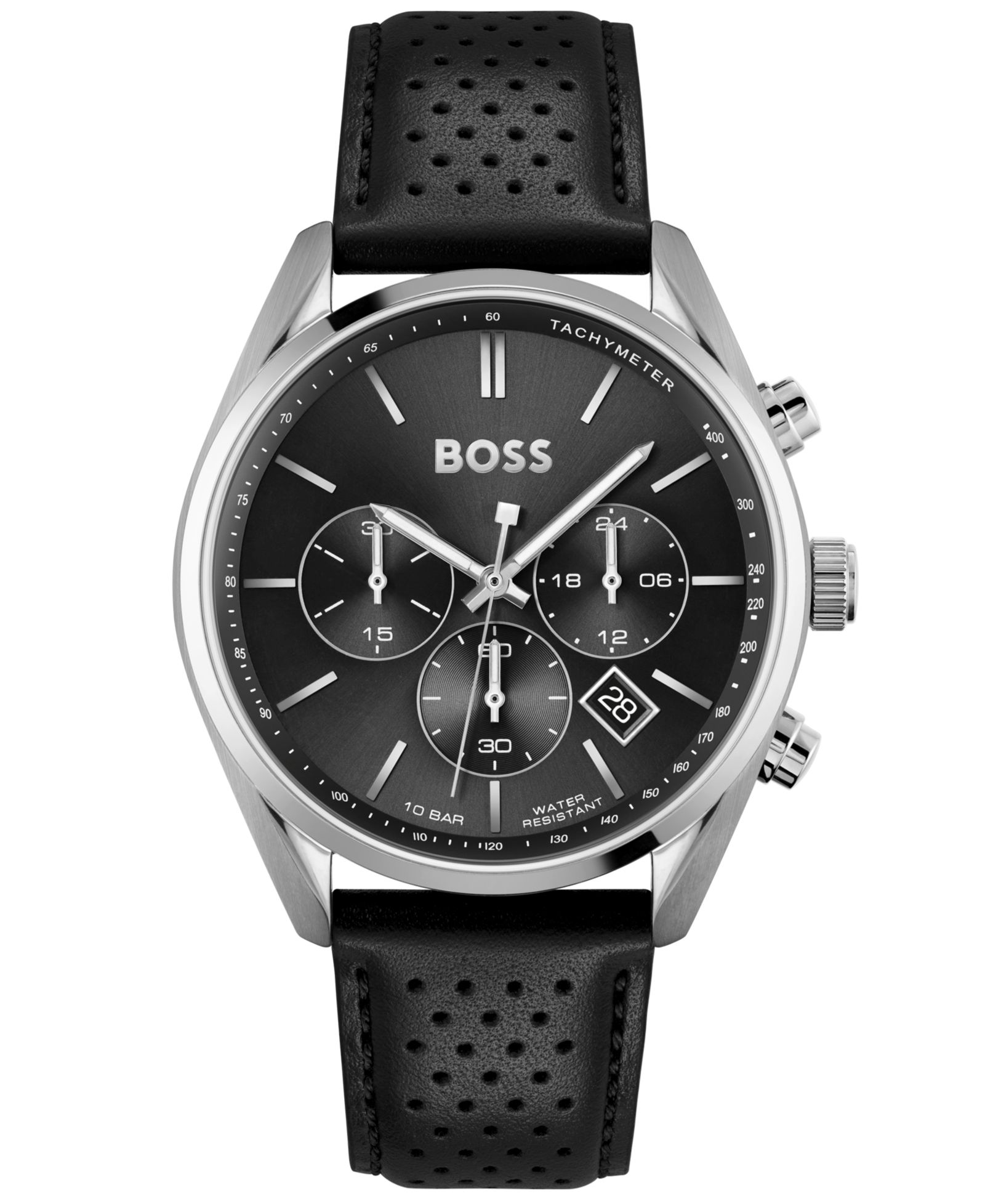 HUGO BOSS Men's Chronograph Champion Black Leather Strap Watch 44mm