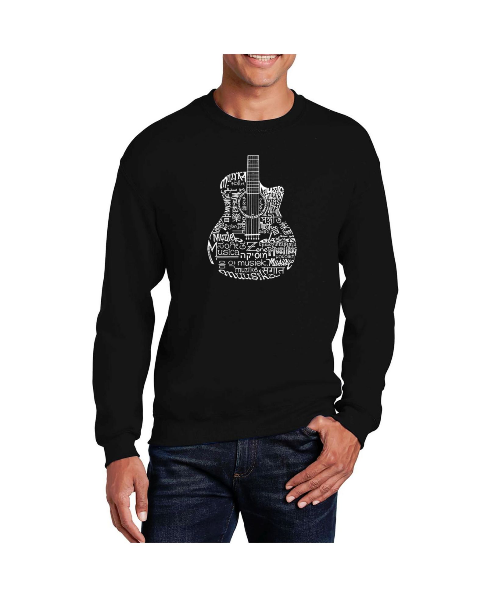 LA Pop Art Men's Word Art Languages Guitar Crewneck Sweatshirt