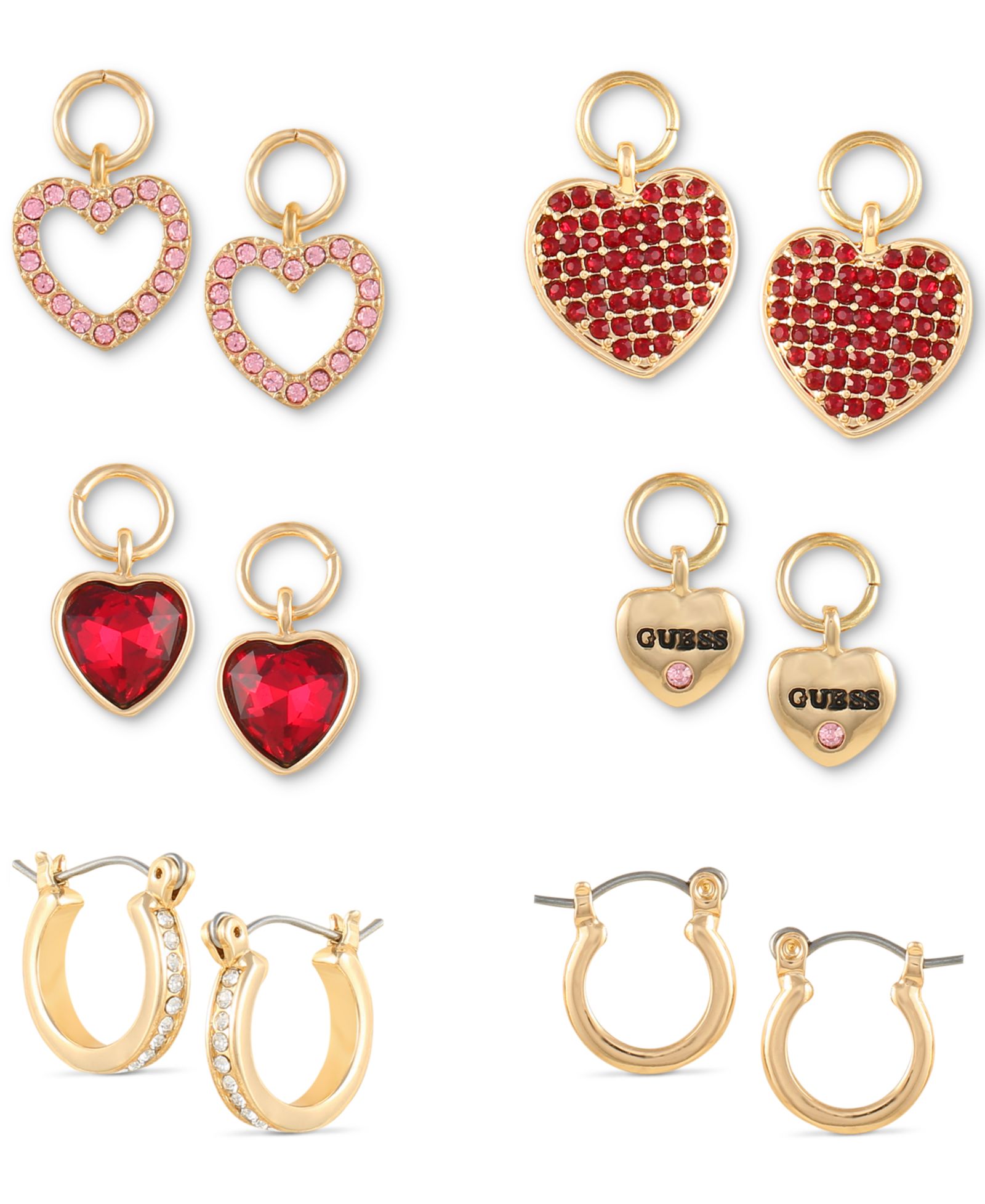 GUESS Gold-Tone 6-Pc. Set Crystal Interchangeable Heart Charm & Huggie Hoop Earrings