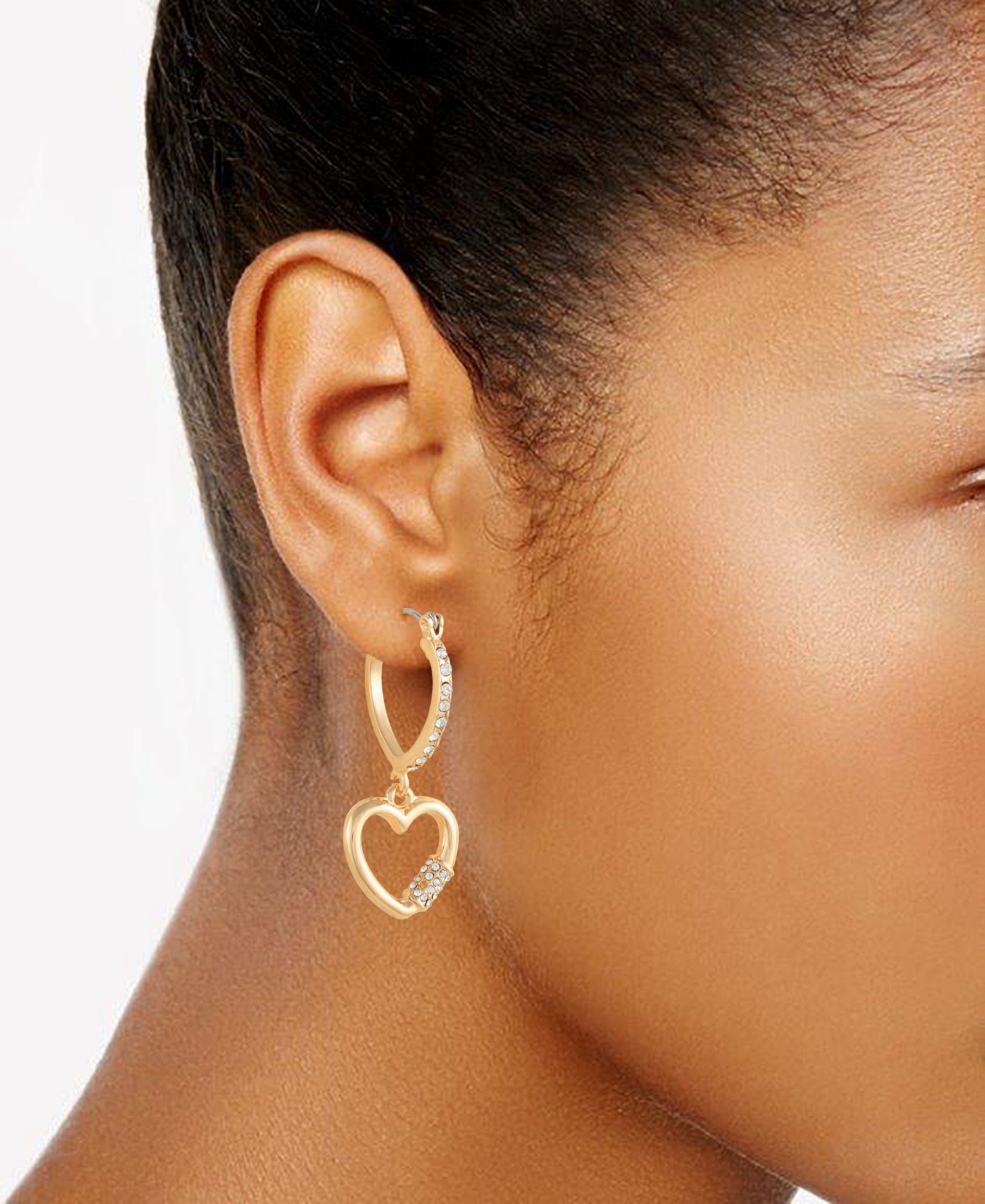 GUESS Gold-Tone Pave Hoop Earring with Heart Charm 1 ½”