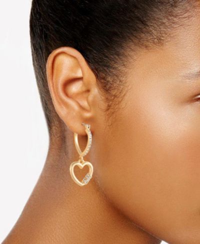GUESS Gold-Tone Pave Hoop Earring with Heart Charm 1 ½”