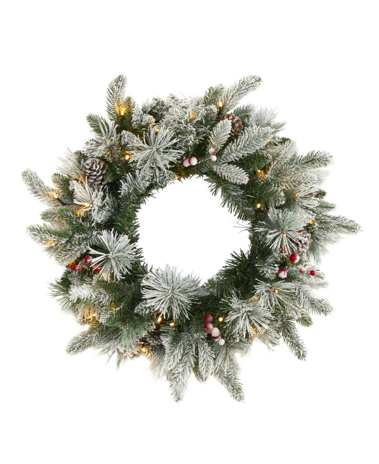 Nearly Natural Flocked Mixed Pine Artificial Christmas Wreath with 50 LED Lights, Pine Cones and Berries