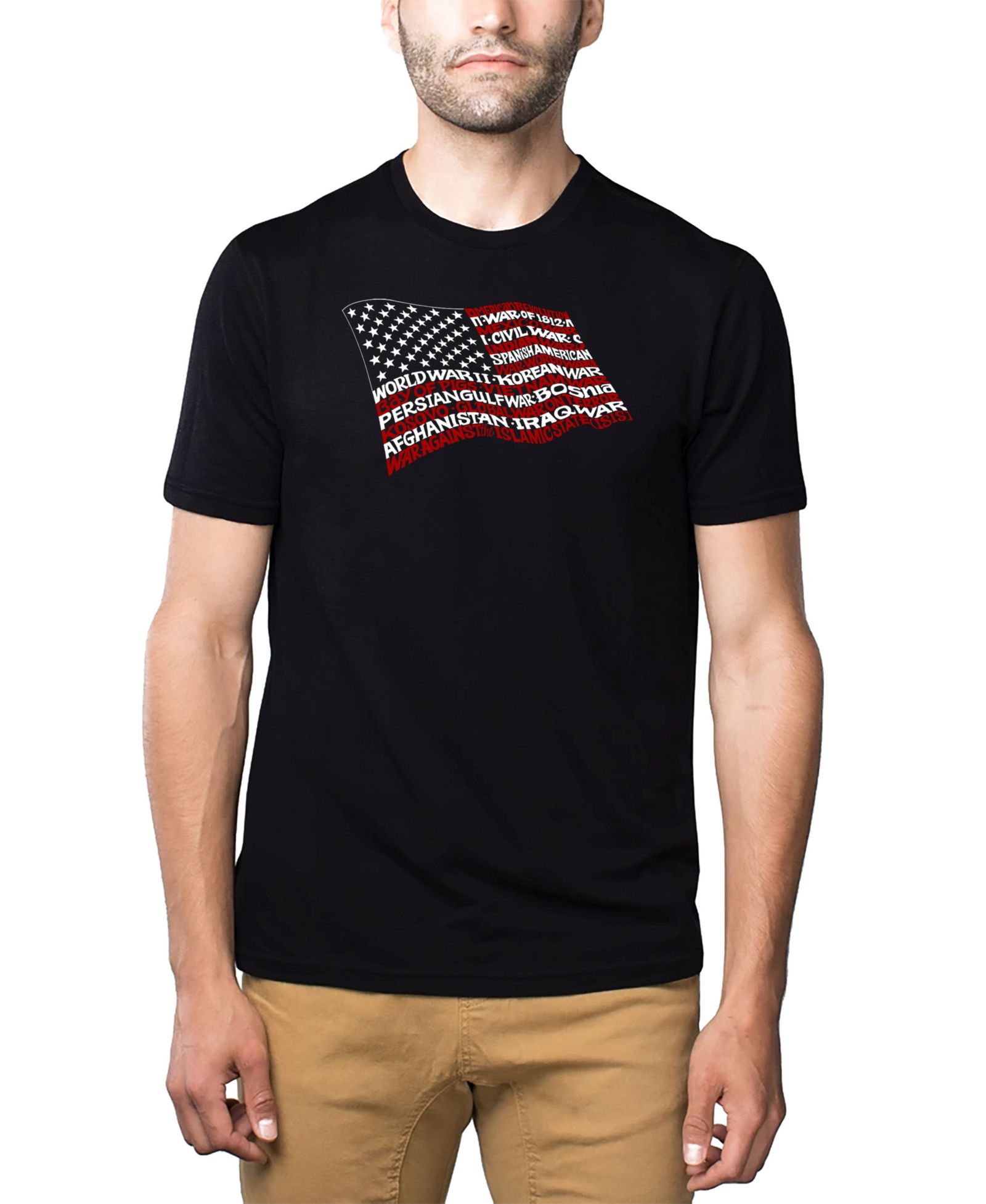 LA Pop Art Men's Cotton/Poly Blend Word Art American Wars Tribute Flag T-shirt