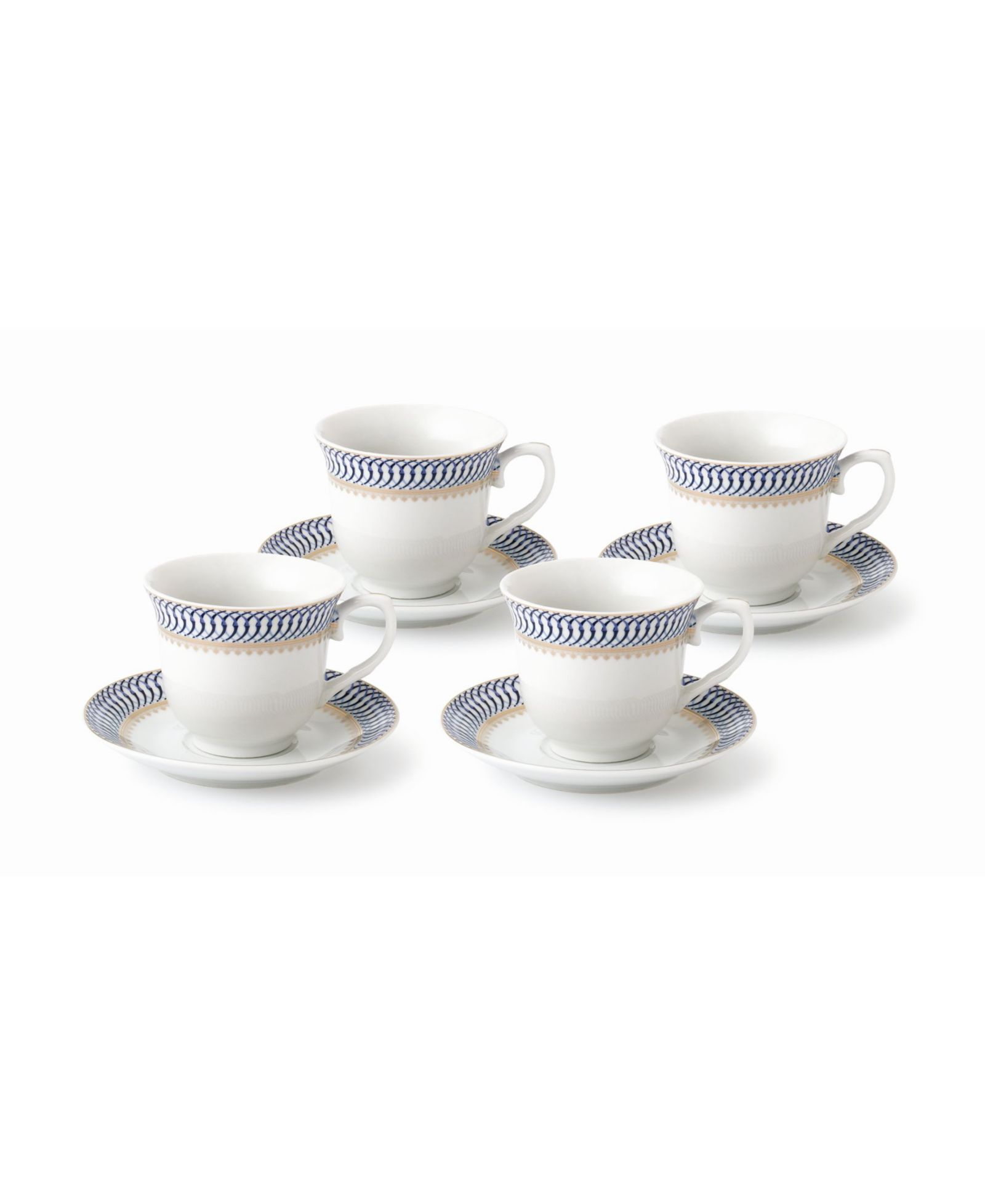 Lorren Home Trends Blue & Gold Teacup & Saucers, Service for 4